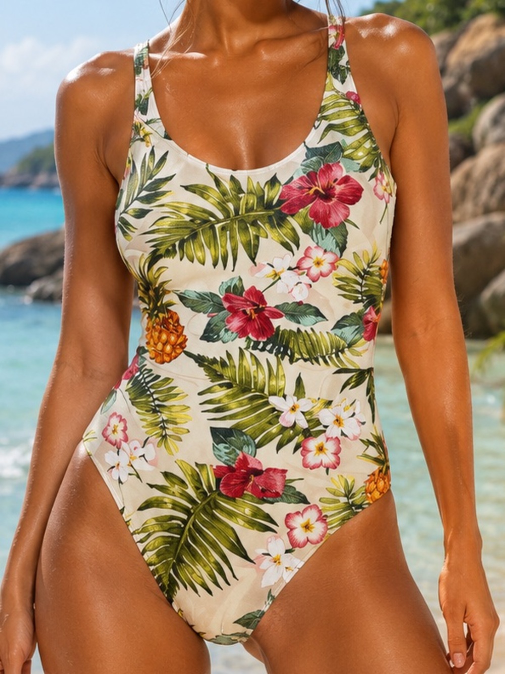 Catherine Malandrino swimsuit tropical floral fruit print pineapples hibiscus
